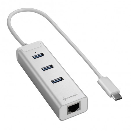Sharkoon Hub USB-C con 3x USB-A 3.0 + RJ45 Ethernet - Carcasa de Aluminio - Cable de 0.30m