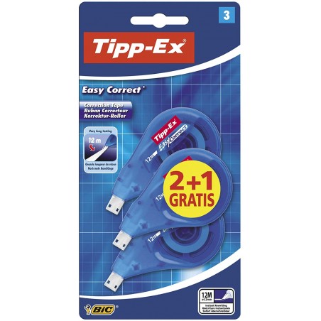 Tipp-Ex Easy Correct 2+1 Pack de 3 Cintas Correctoras 4.2mm x 12m - Resistente - Escritura Instantanea
