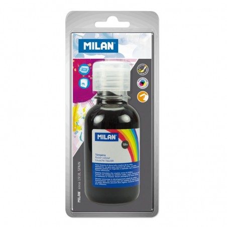 Milan Botella de Tempera 125 ml - Tapon Dosificador - Secado Rapido - Mezclable - Color Negro