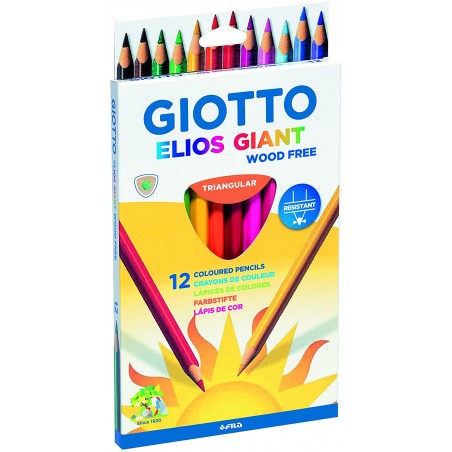 Giotto Elios Giant Wood Free Pack de 12 Lapices Triangulares de Colores - Sin Madera - Mina 5 mm - Colores Surtidos