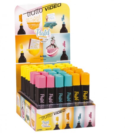 Tratto Video Pastel Expositor de 48 Marcadores Fluorescentes - Punta Biselada - Tinta al Agua - Secado Rapido - Colores Surtidos